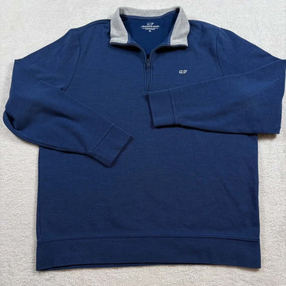 Vineyard Vines Mens‎ XL Navy Blue Pique Quarter Zip Pullover Sweater Gray Collar